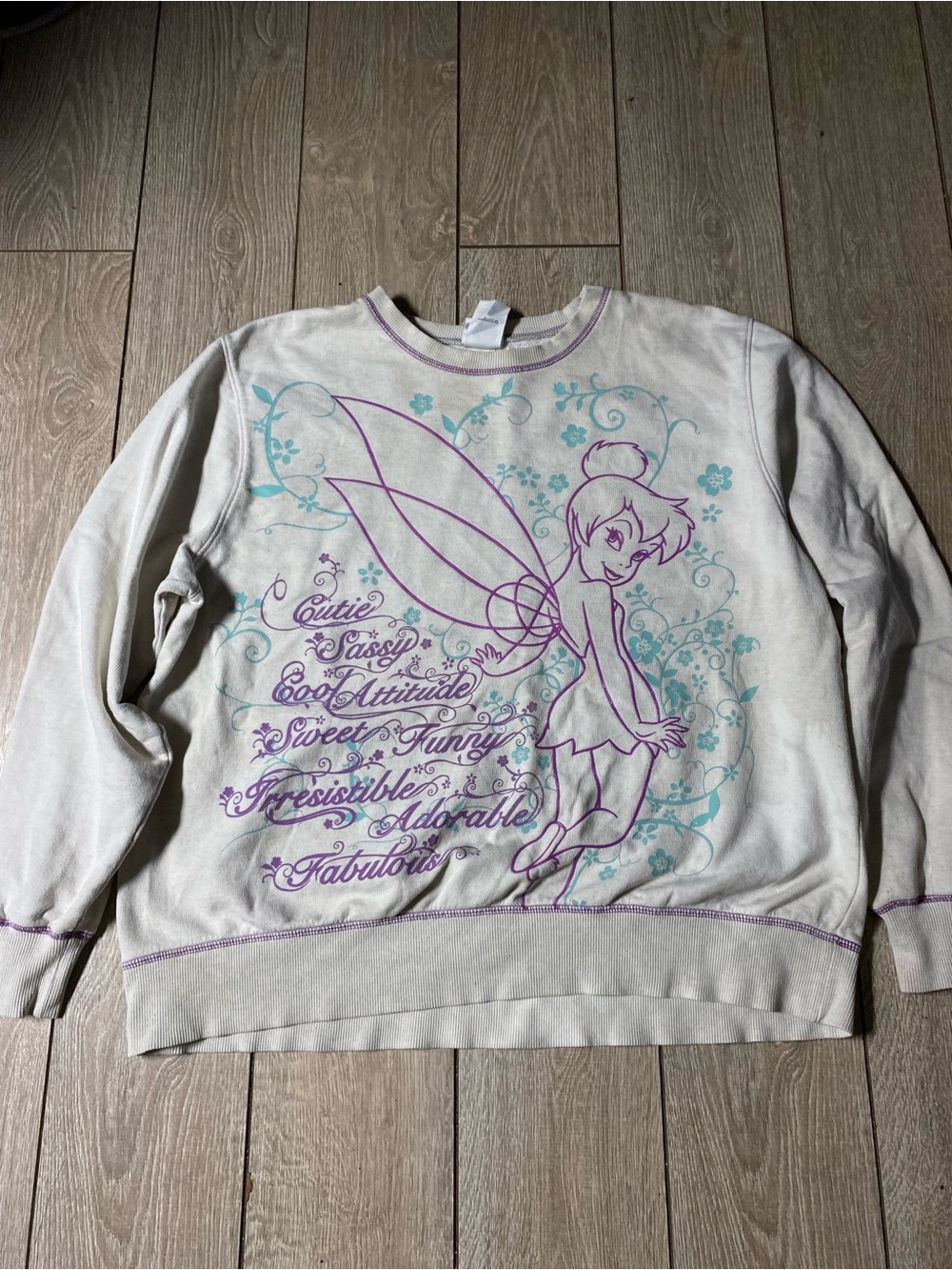 Vintage Disney Tinker Bell Sweatshirt Cutie Sassy Cool Graphic Crewneck Cream